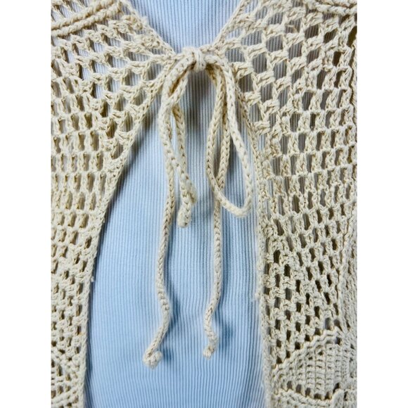 Vintage 90s Crochet Tie Front Cardigan: Boho Long Duster Sweater Coastal Grandma - Picture 3 of 16